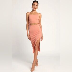 NEW W/ TAGS Lulus Lead by Example Coral Pink Ruched Bodycon 2 Piece Midi Dress